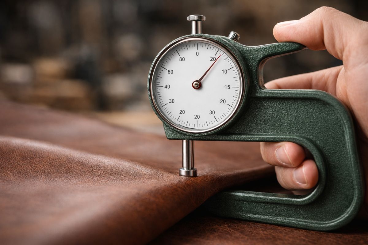 Leather thickness chart from 0.8mm to 3.5mm with ounce conversion and project examples