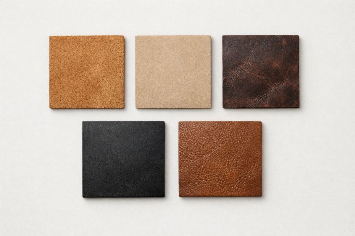 different leather textures showing suede nubuck smooth and grain leather samples