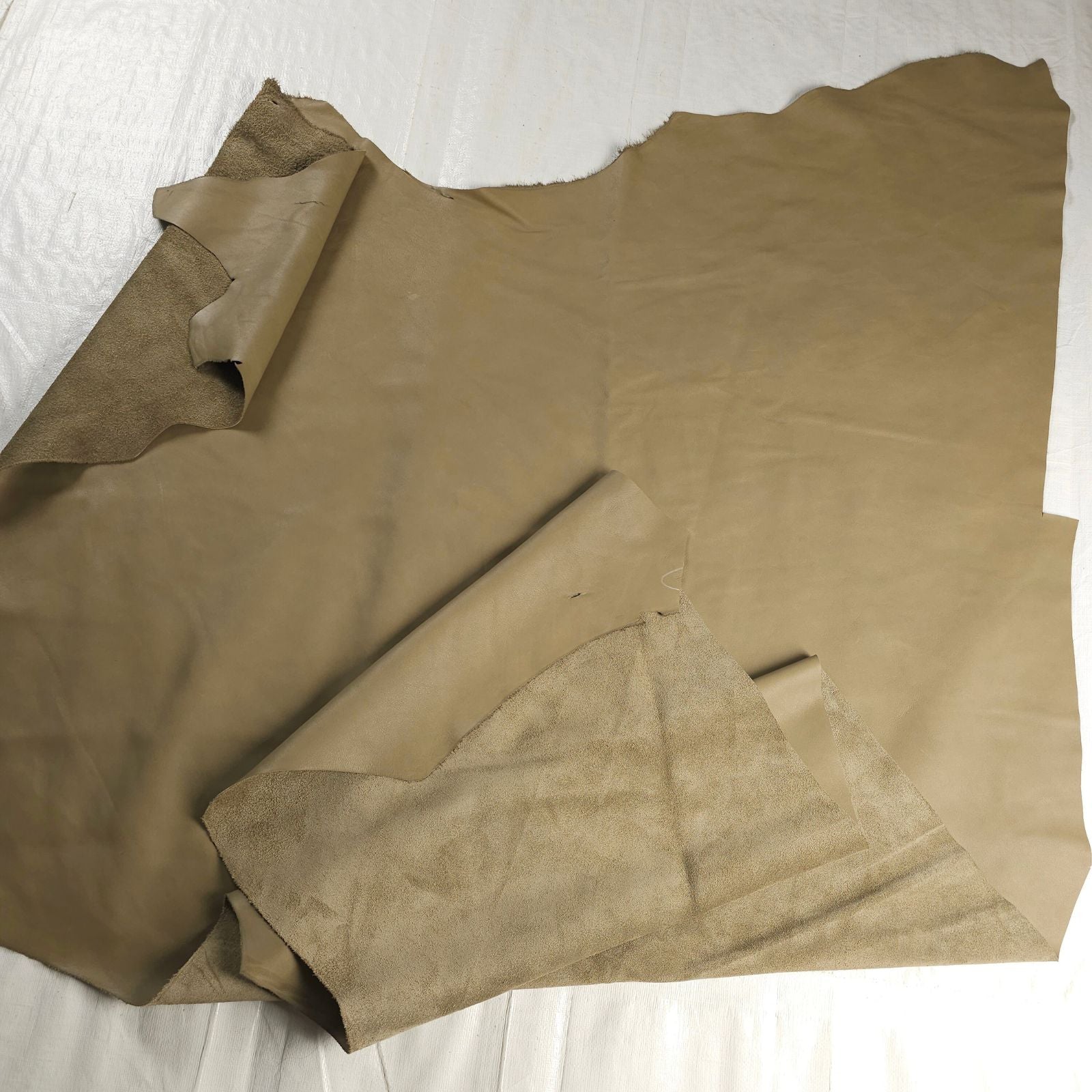 Large chrome tanned upholstery leather cut khaki green with suede back