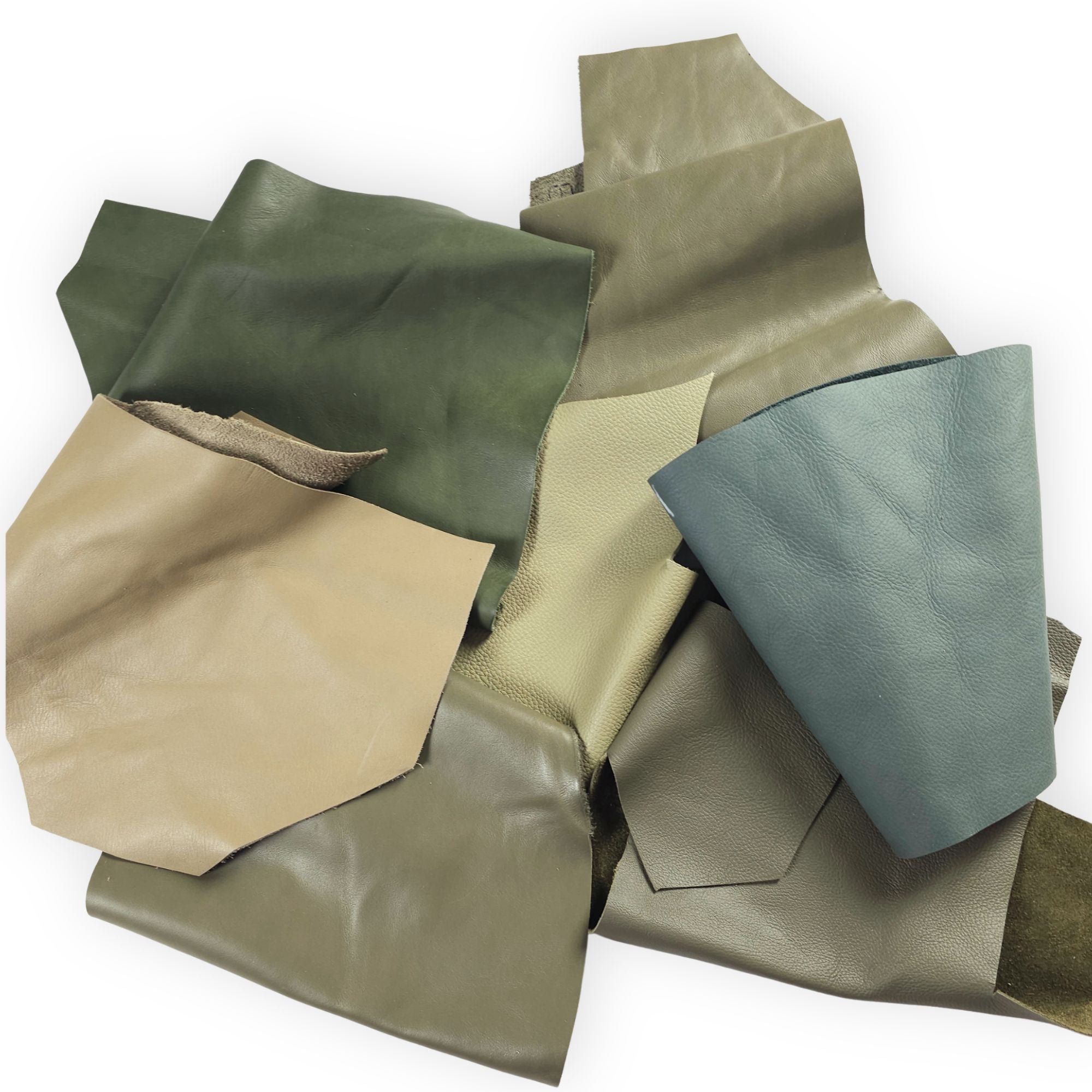 Green leather scraps in assorted olive, sage and forest shades