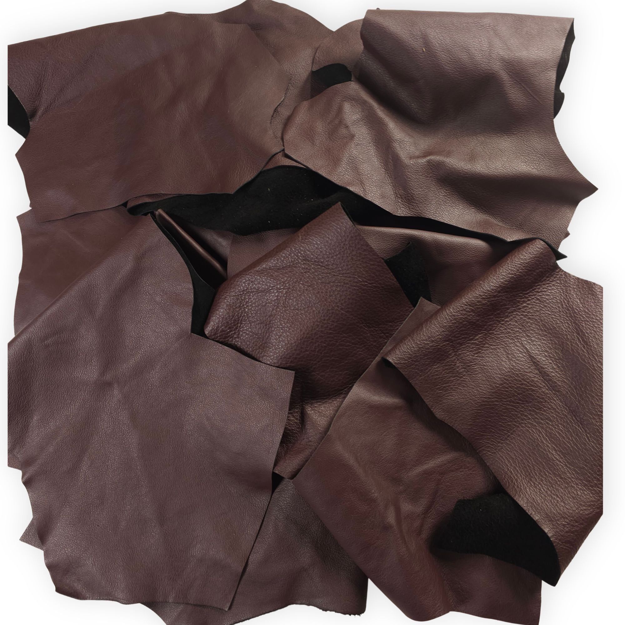 Chocolate brown leather scraps in assorted 1–3 hand-sized pieces