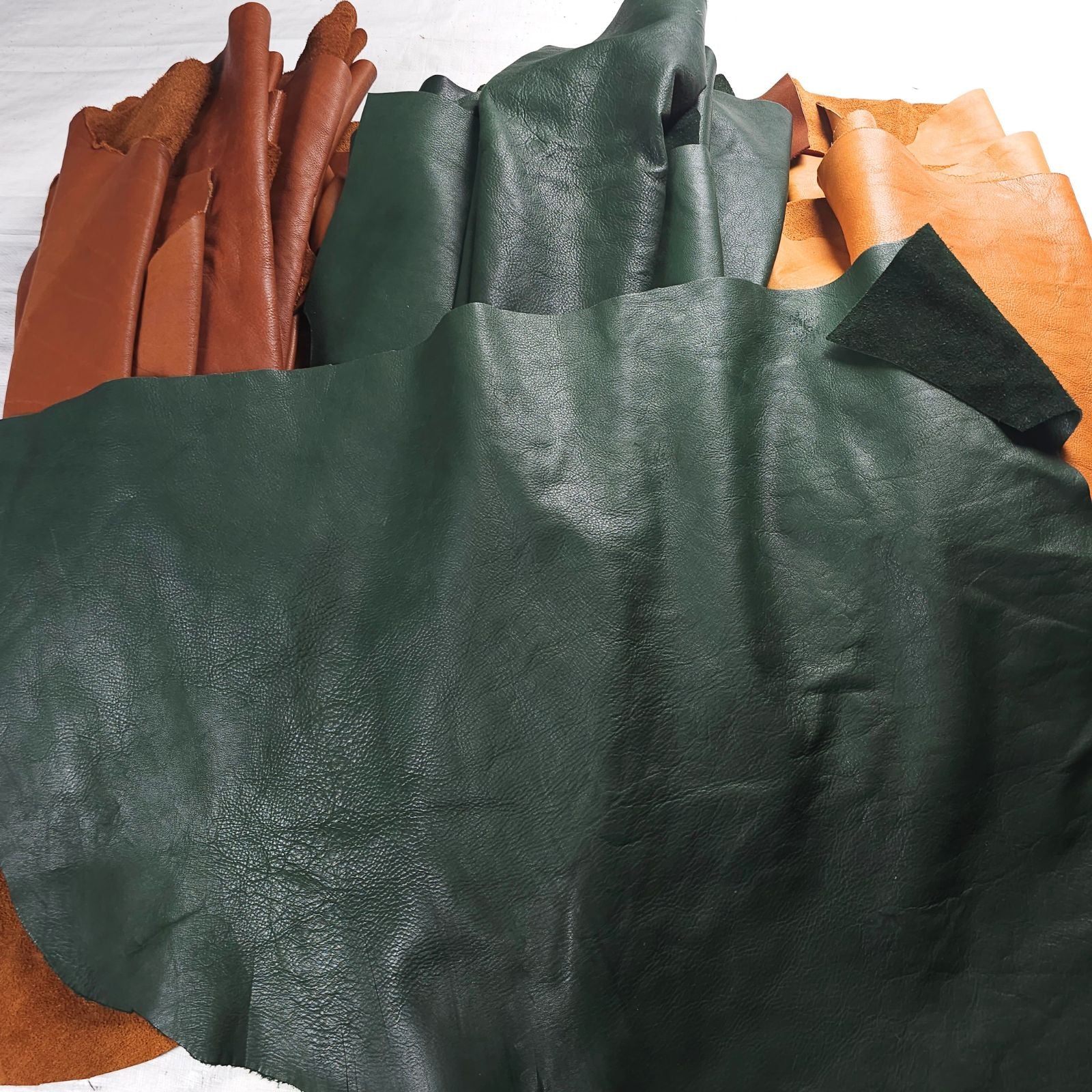 coloured vegetable tanned leather pieces 3 to 5 sq ft forest green