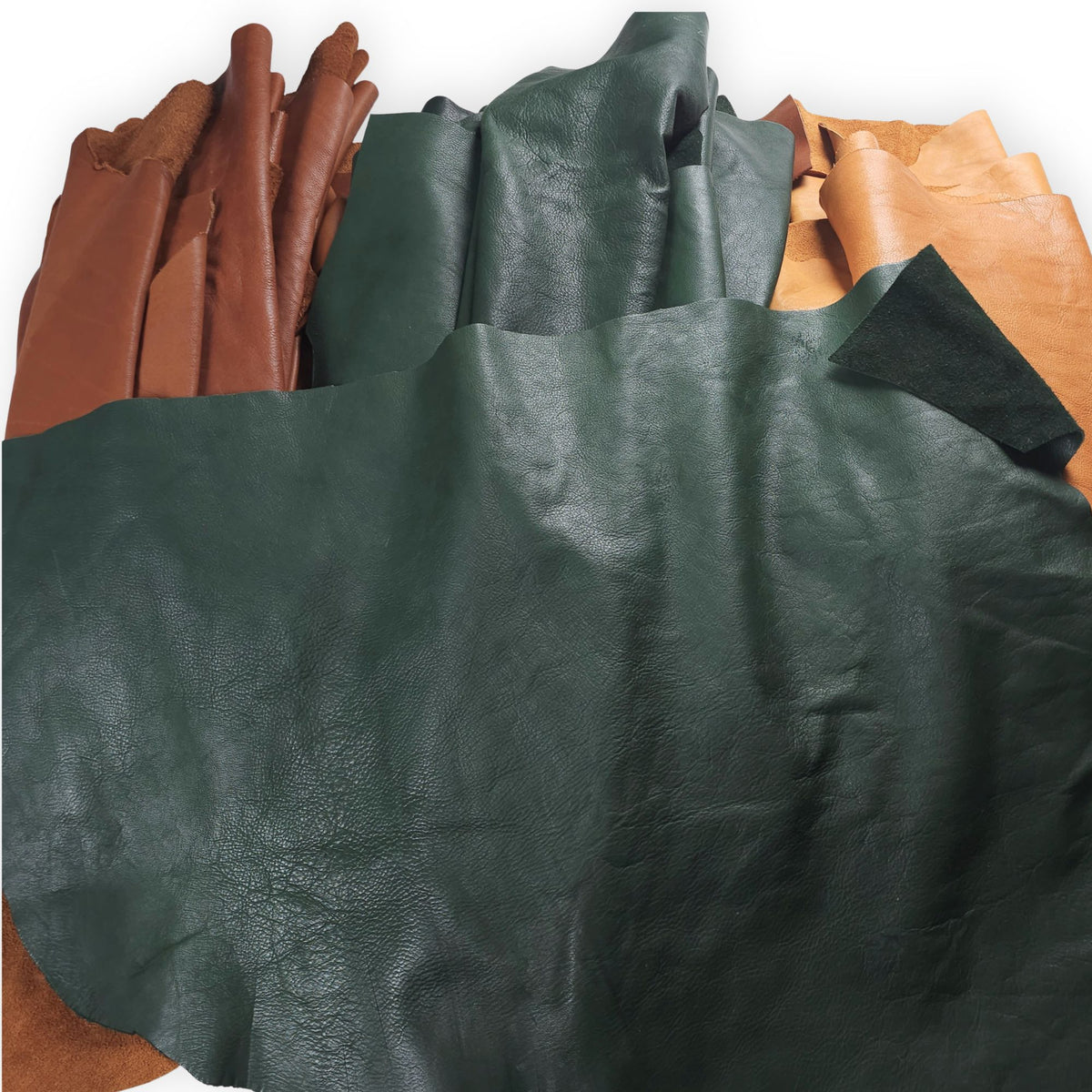 Forest Green & Tan Veg-Tanned Leather Pieces – 1–2 sq ft
