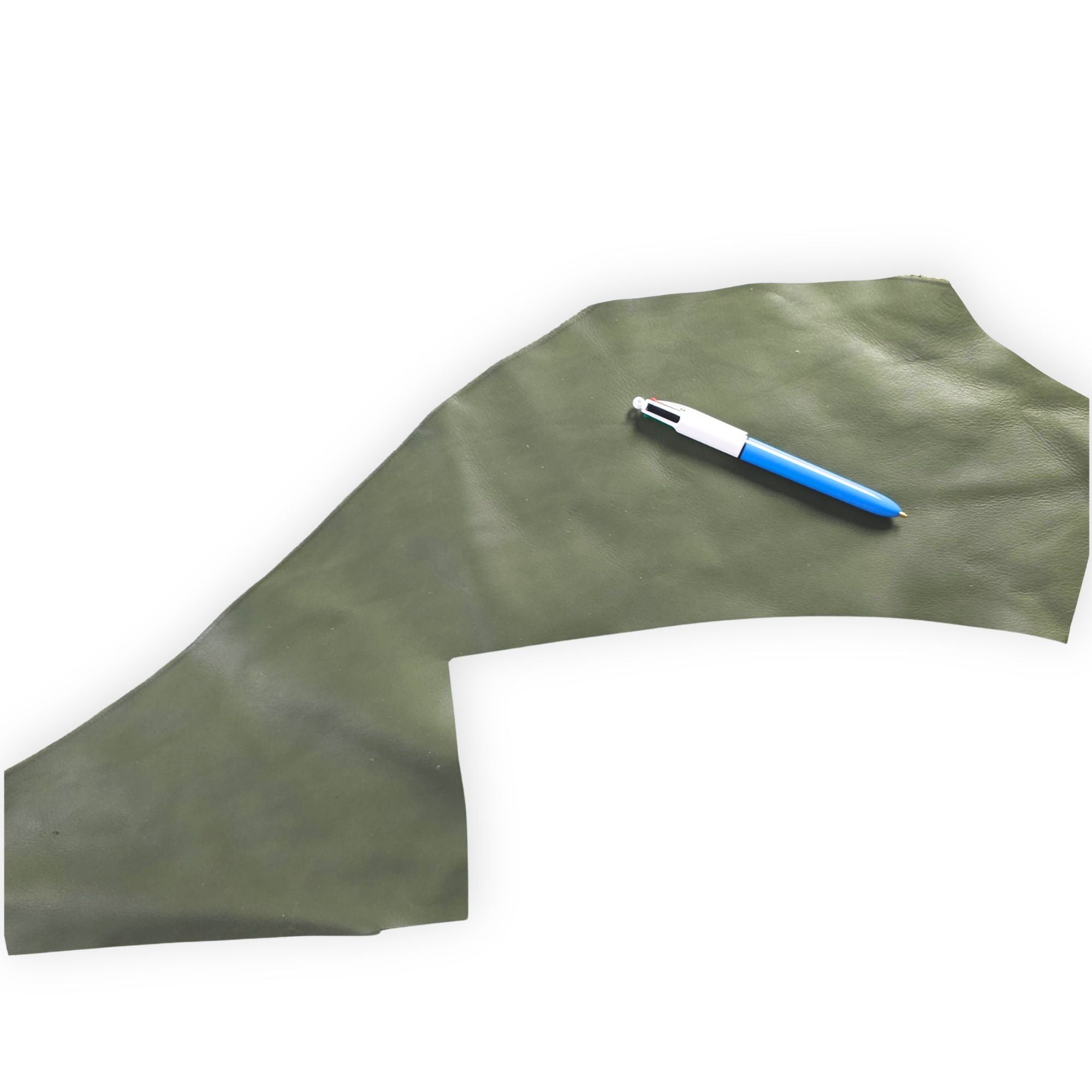 Olive green leather offcut in a 1–3 hand-sized usable piece
