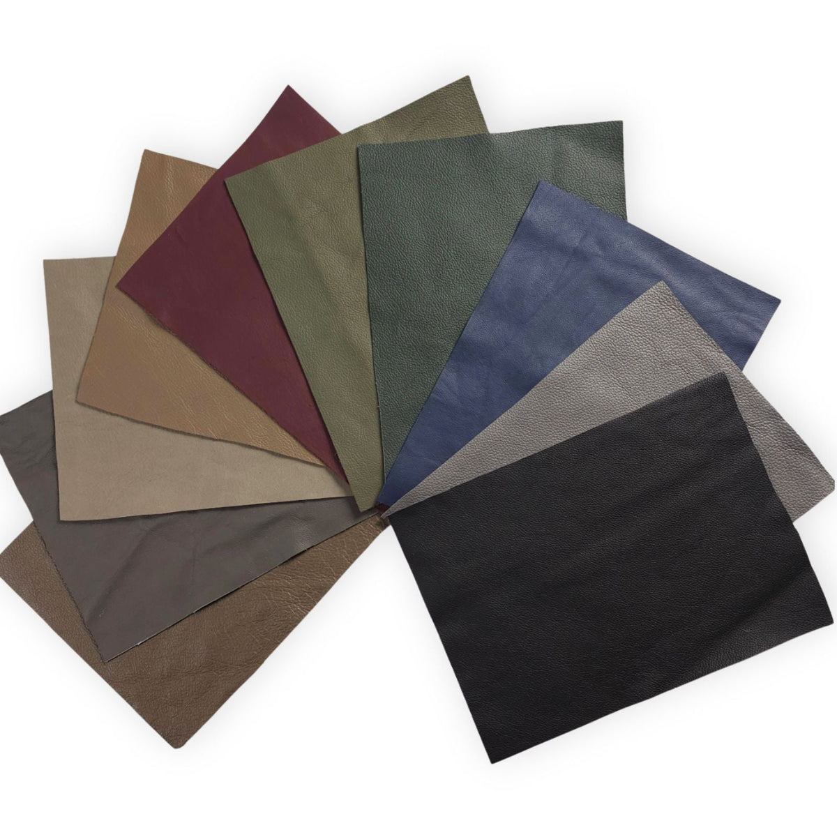 Dark and neutral leather panels in brown, green, blue and black