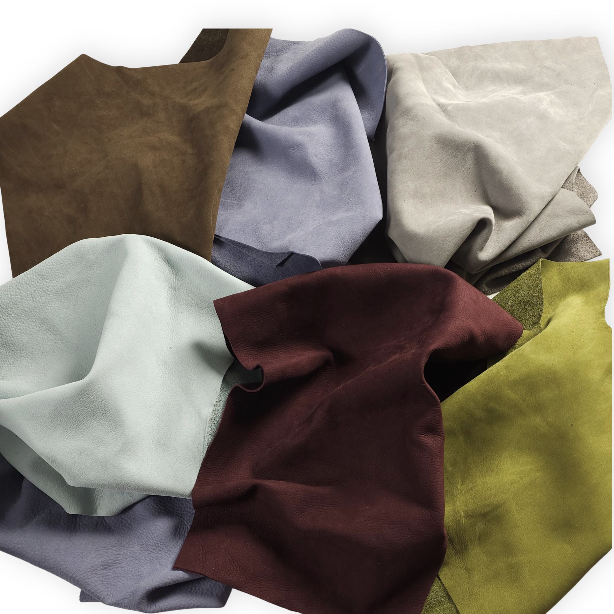 Mixed-colour cowhide nubuck leather pieces with soft velvety surfaces
