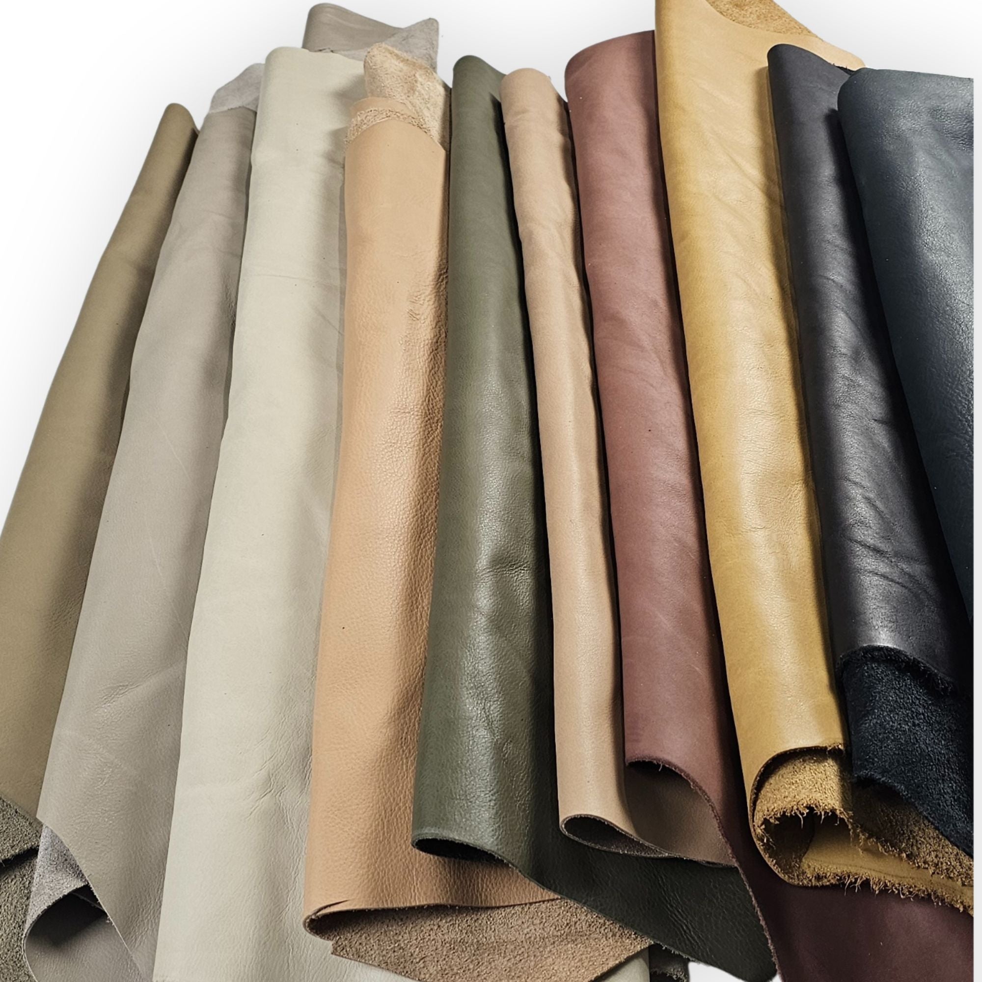 Large leather pieces in assorted neutral and natural colours