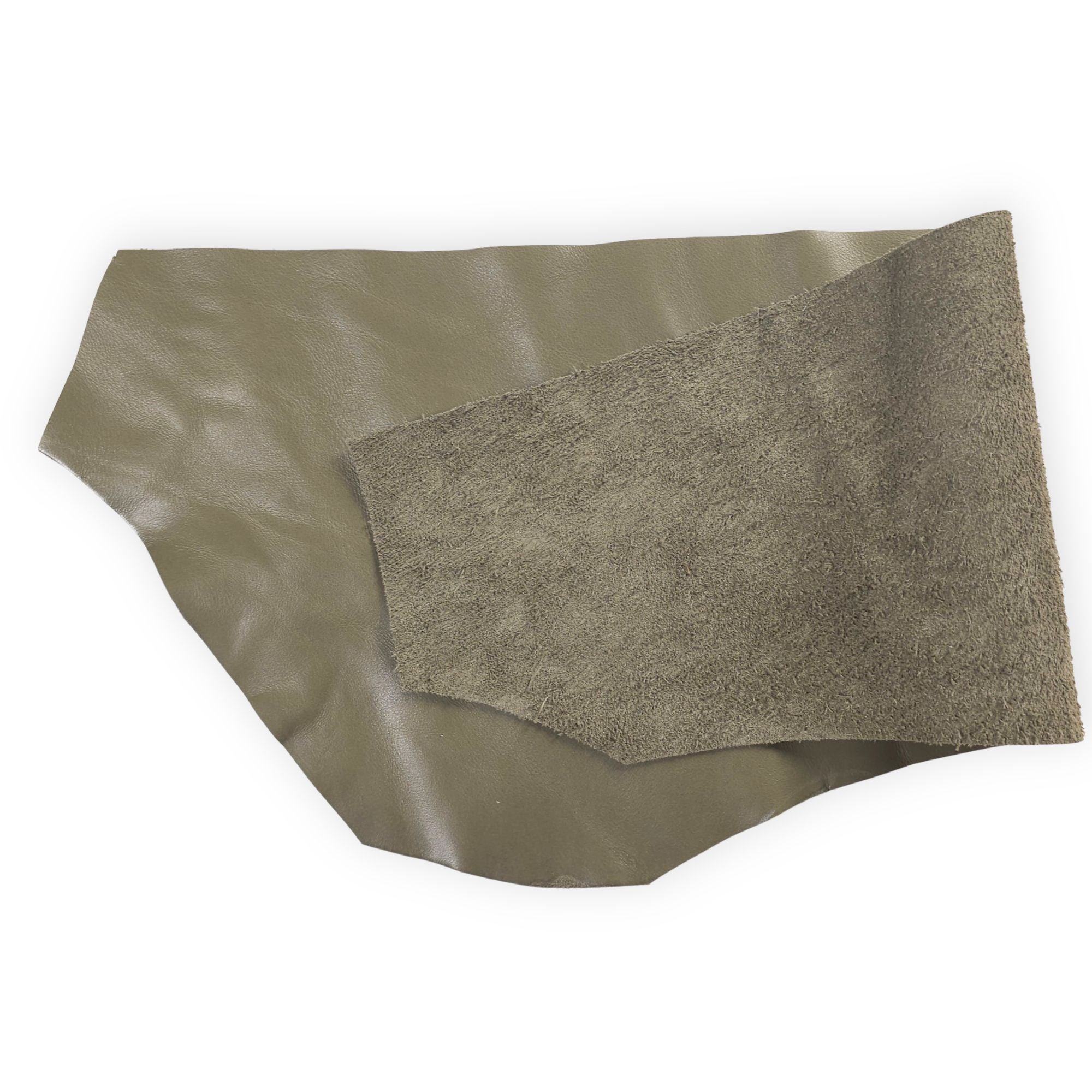 Olive green cowhide leather piece showing natural grain and texture