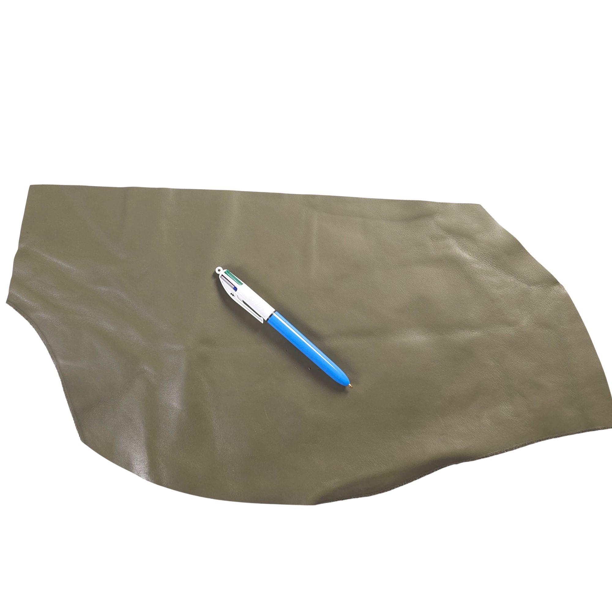 Olive green cowhide leather scrap shown with pen for scale