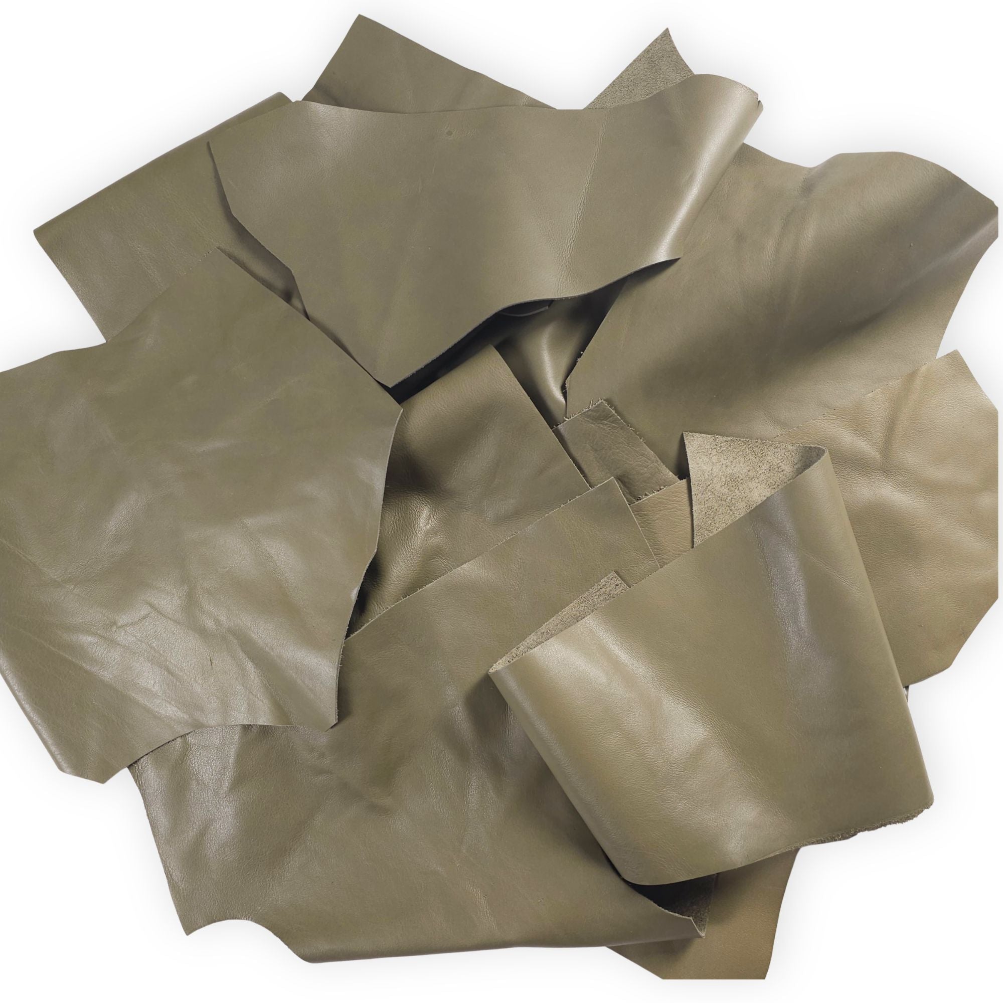 Olive green leather scraps in assorted 1–3 hand-sized pieces