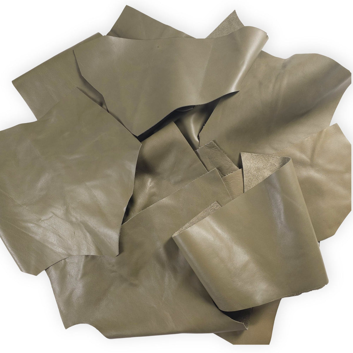 Olive green leather scraps in assorted 1–3 hand-sized pieces