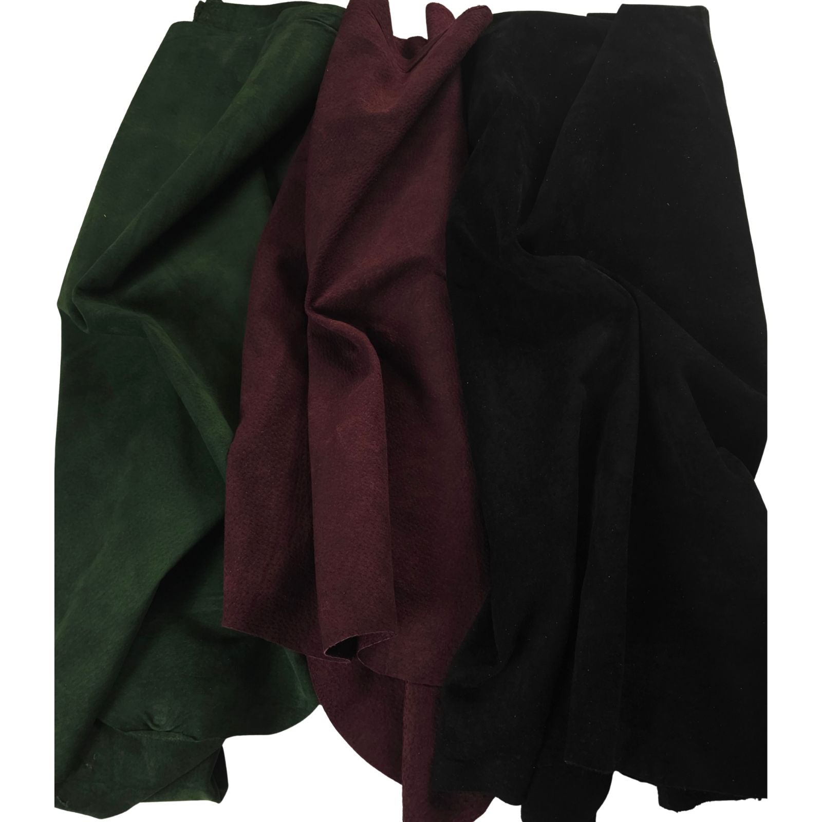 Pigskin suede lining 0.8 mm draped green burgundy and black hides