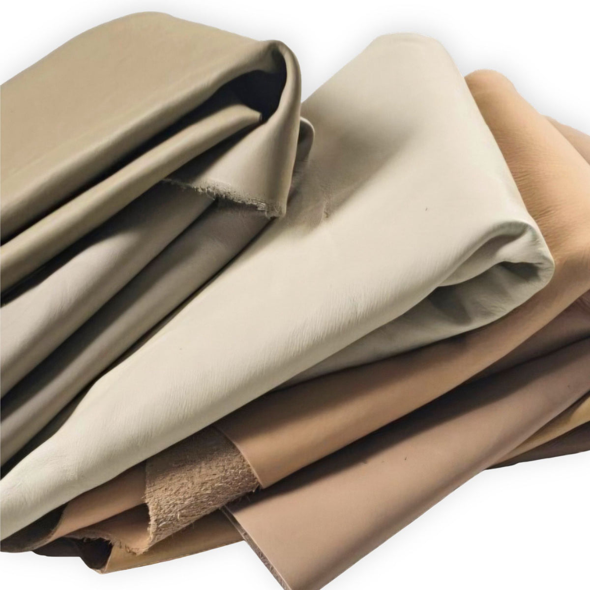 Stacked large cowhide leather pieces in beige, taupe and brown