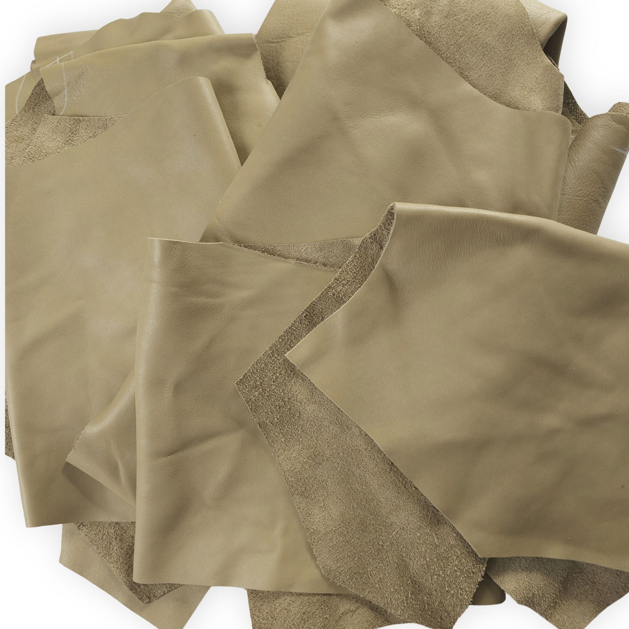 Assorted sage green cowhide leather pieces for leathercraft