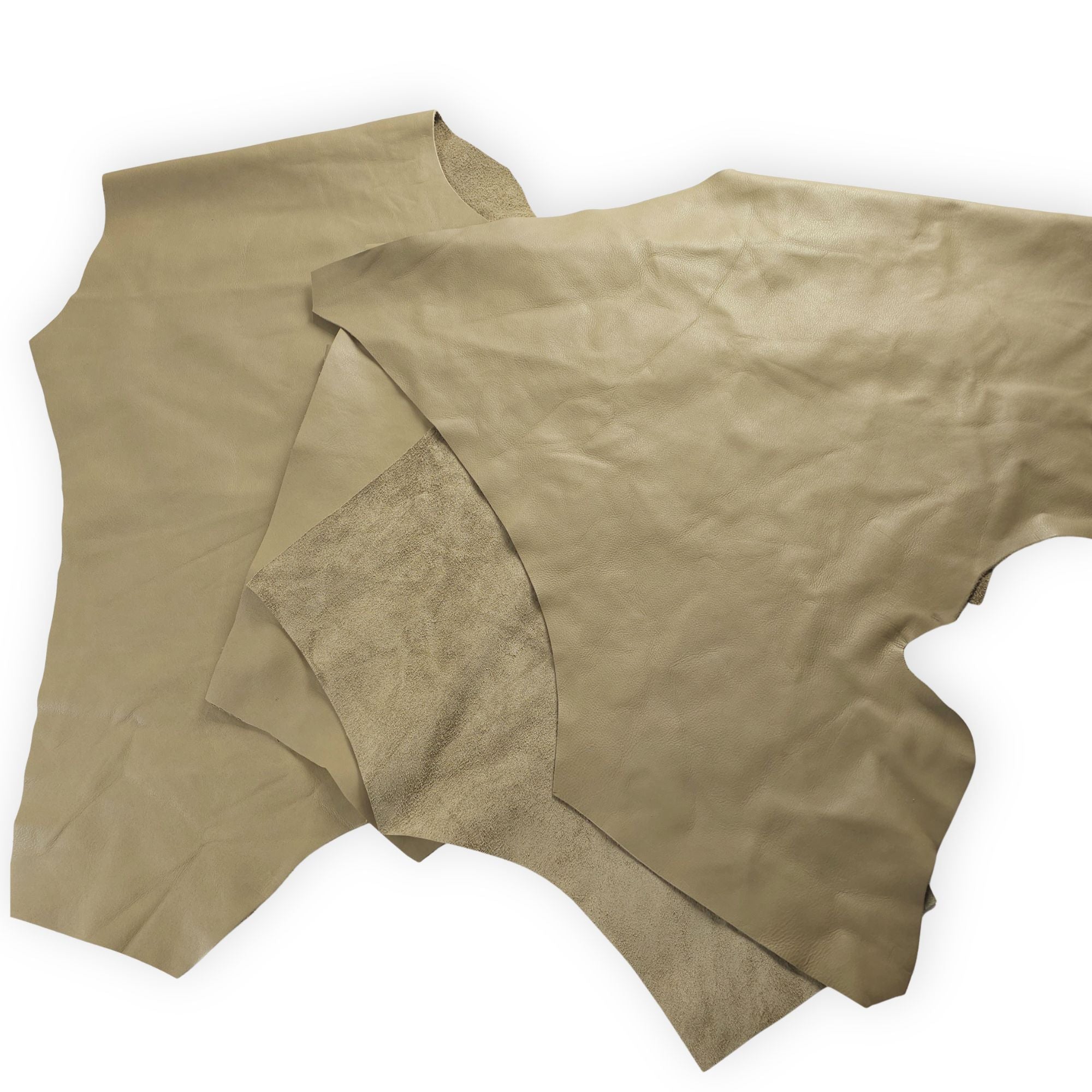 Sage green leather remnant showing natural grain and irregular shape