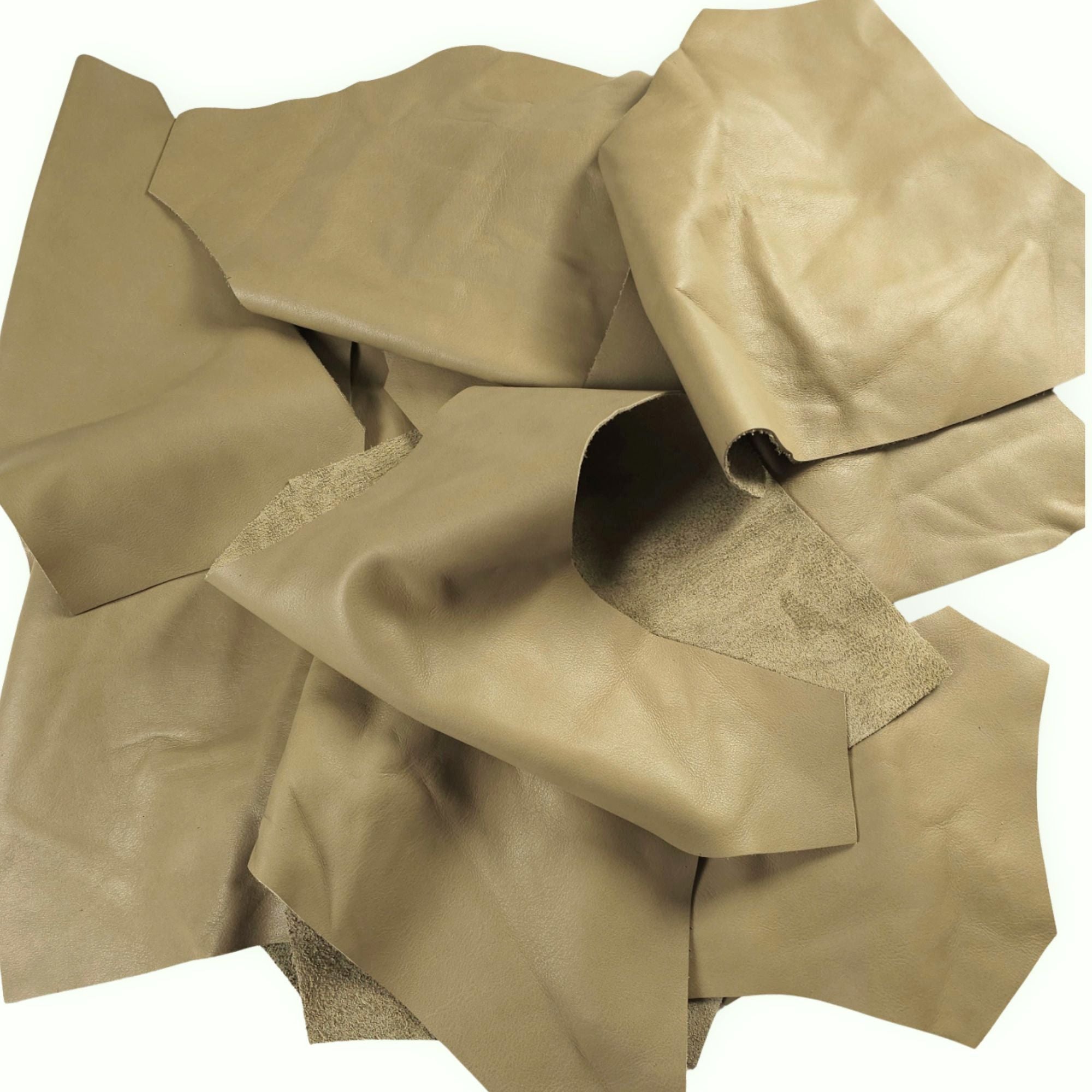Sage green leather scraps in assorted 1–3 hand-sized pieces