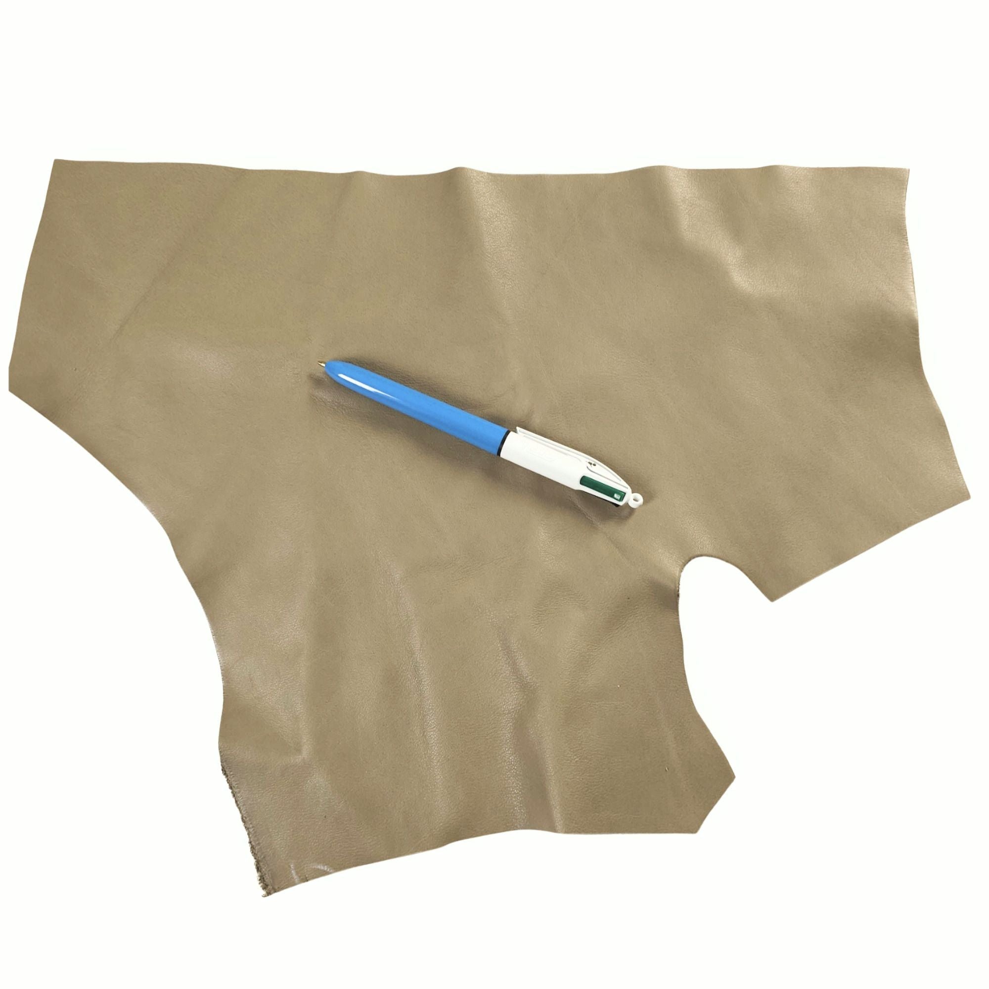 Sage green leather scrap with pen for size reference