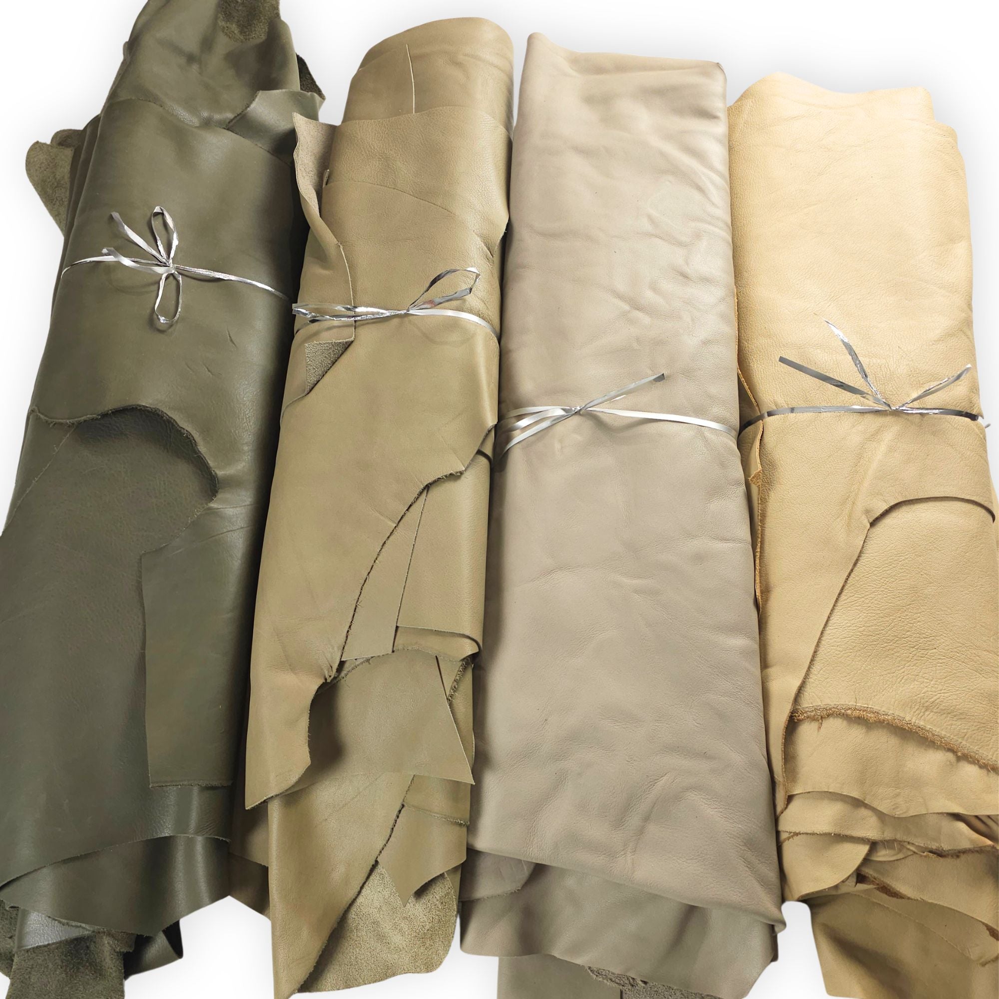 Single-colour upholstery leather bundles in beige, taupe and green