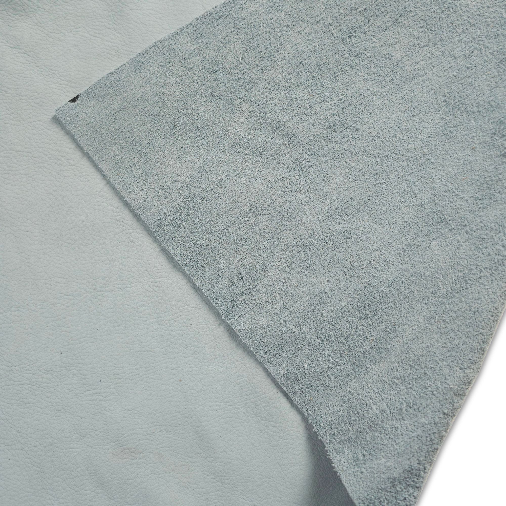Pale blue nubuck leather showing the velvety face and reverse side