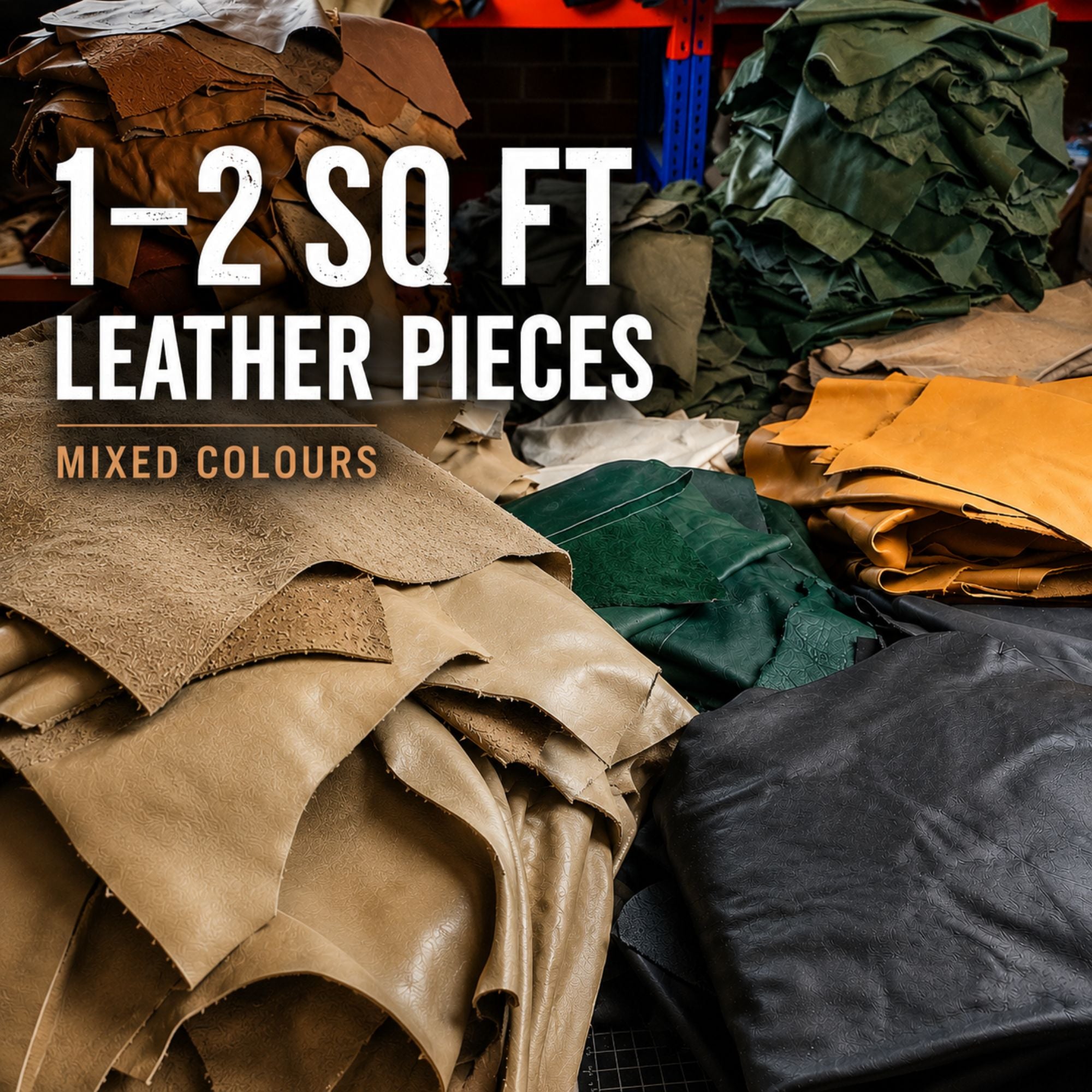 Medium leather pieces in assorted colours and 1–2 sq ft sizes