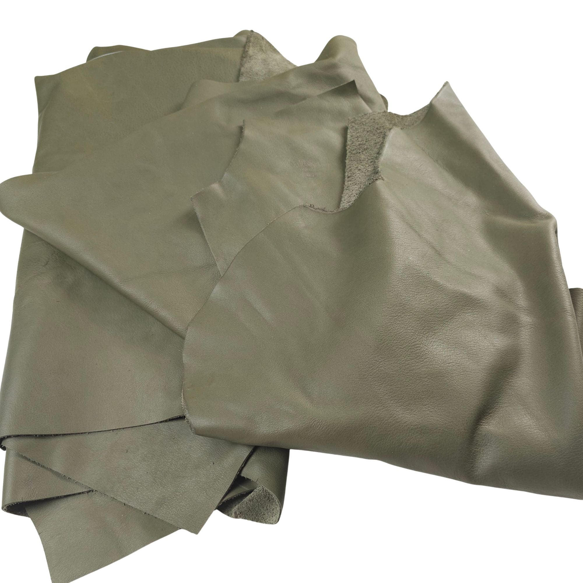 Stacked olive green cowhide leather pieces in 1–2 sq ft sizes