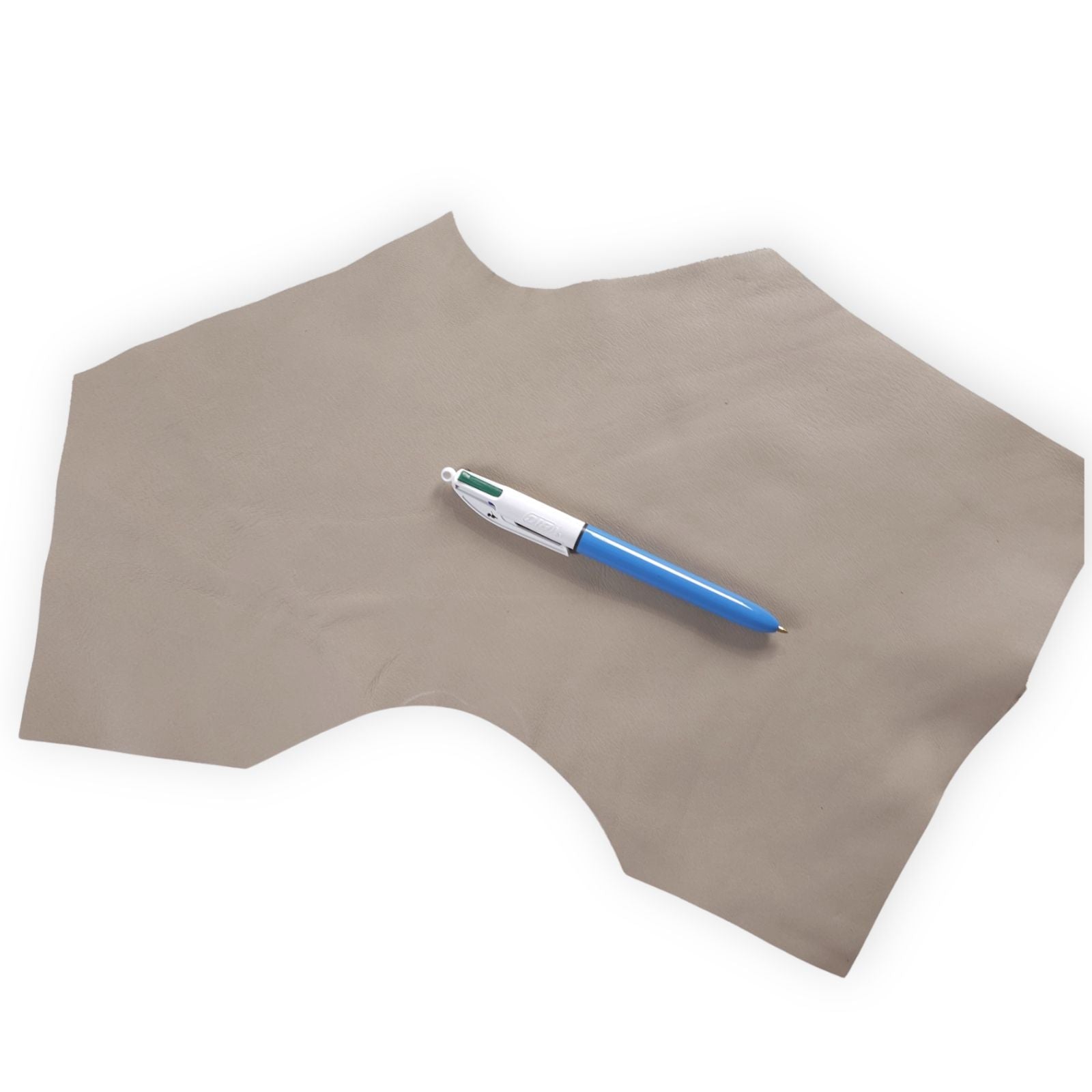 Warm taupe cowhide leather scrap with pen for size reference
